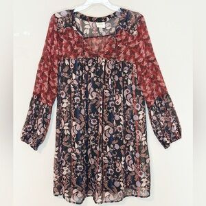 Knox Rose Burgundy and Black Sheer Peasant Long Sleeve Boho Paisley Dress size M